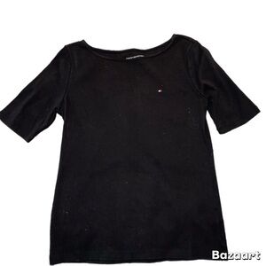 Tommy Hilfiger Women’s Black Blouse Crewneck 3/4 Sleeves Embroidered Logo